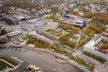 Észtország, Tartu belvárosa, jobbra a város főtere, balra a Keskpark és a Emajogi folyó partja, a tervezési terület a tervezett beépítéssel – forrás: DVM group
