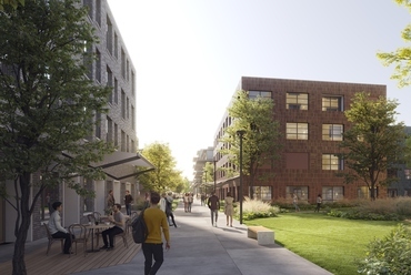 A három- és ötemeletes lakóházak közötti gyalogosbarát közterületek a sok zöldfelülettel az aktív kikapcsolódást szolgálják. Látványterv: WhiteBox Visual
