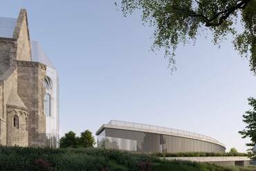 Az apszis és az új kápolna illetve az ösvény csúcspontja – Látványterv – A DAW Építész Stúdió terve a zsámbéki öregtemplom és környezetének megújítására
