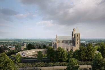 Nappali látvány a temető felől – Látványterv – A DAW Építész Stúdió terve a zsámbéki öregtemplom és környezetének megújítására
