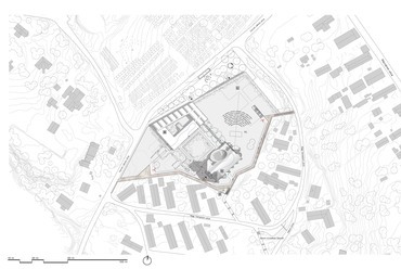 A BORD Építész Stúdió terve a zsámbéki Öregtemplom és környezetének megújítására. Helyszínrajz.
