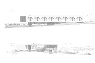 A BORD Építész Stúdió terve a zsámbéki Öregtemplom és környezetének megújítására. Homlokzati terv.
