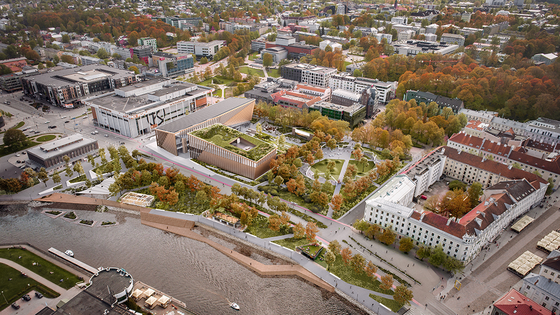 Észtország, Tartu belvárosa, jobbra a város főtere, balra a Keskpark és a Emajogi folyó partja, a tervezési terület a tervezett beépítéssel – forrás: DVM group
