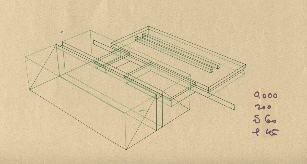 Uszoda terve, Somogyi-Soma Katalin, 1978. Az első számítógépes perspektíva a  BME Középülettervezési Tanszék hallgatói tervei közül
