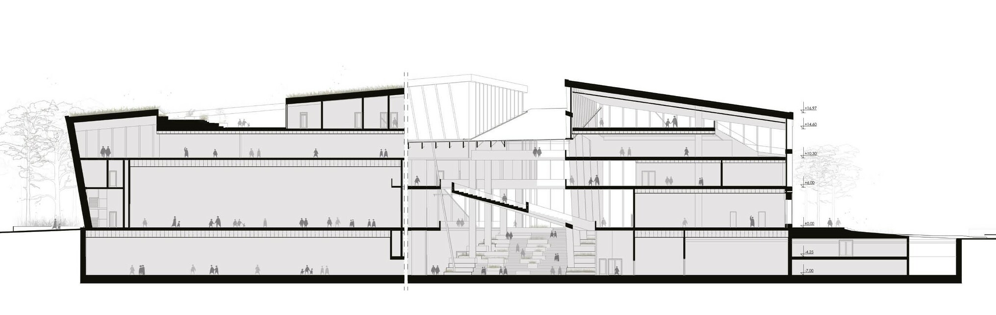 Metszet, az épület térbeli struktúrája – Tartu Belvárosi Kulturális Központ és környezetének építészeti tervpályázata – tervező: DVM group, 4D Tájépítész Iroda – forrás: DVM group
