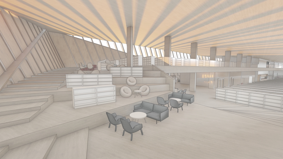 A tervezett könyvtár galériás terei, skicc látvány – Tartu Belvárosi Kulturális Központ és környezetének építészeti tervpályázata – tervező: DVM group, 4D Tájépítész Iroda – forrás: DVM group
