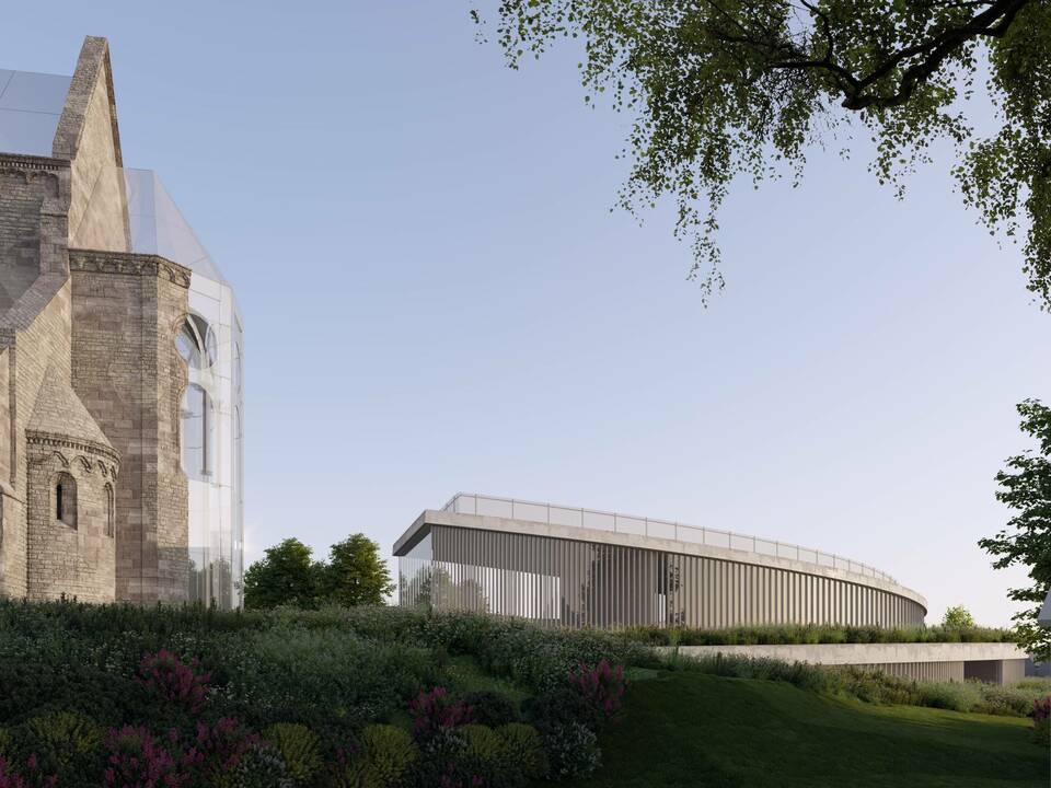Az apszis és az új kápolna illetve az ösvény csúcspontja – Látványterv – A DAW Építész Stúdió terve a zsámbéki öregtemplom és környezetének megújítására
