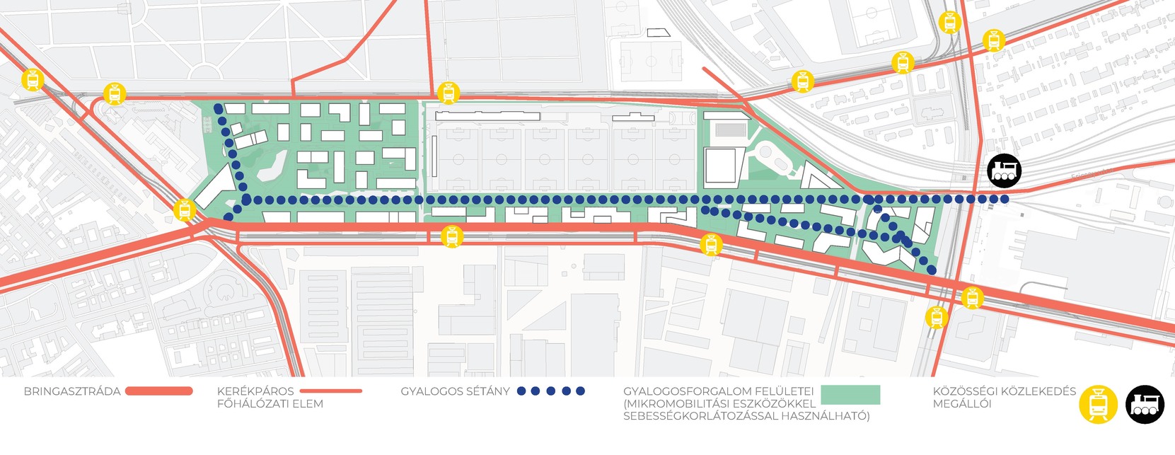 A gyalogos-kerékpáros sétány nyomvonala az Orczy tértől a tervezett Közlekedési Múzeum vasúti megállóhelyig. Piros vonallal jelölve a tervezett kerékpáros útvonalak a terület körül
