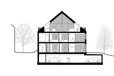 Metszet. STUDIO KRAFT: H151 ötlakásos társasház Lipótmezőn.
