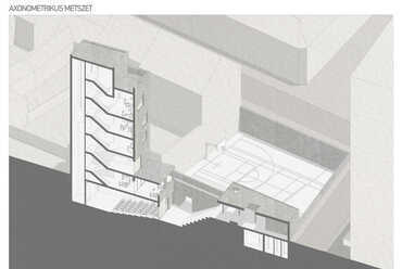 Axonometrikus metszet. Közösségi torony és sportpálya, Debrecen. Rácz Attila diplomaterve. 2024. 
