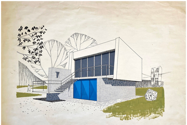 Hétvégi ház látványterve. 1960 körül. Szoboszlay Péter terve. MOME Építészeti Intézet
