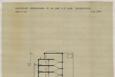 Vince Pál "888" jeligével beadott pályázati terve a Világosság Könyvnyomda és az SZDP székház épületére, 1947. MÉM MDK Múzeumi Osztály, leltári szám: 2023.18.4.
