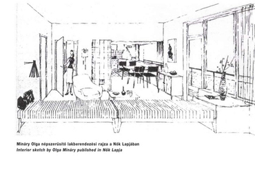 Mináry Olga rajza az "527" jelű bérház berendezéséről, 1960 körül // Fotó: Arc’ (a Magyar Építőművészet melléklete) 6. sz. (2001)

 
