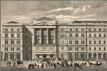 A nemzeti színház új palotája 1875-ben, Elischer Lajos és Pollák Zsigmond metszetén. Forrás: Wikipedia
