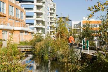 Busby Perkins+Will: Dockside Green Community. Victoria, Kanada. Egy példa a nem ritmikus érzékszervi inger mintára: az élőhely-helyreállításnak és csapadékvíz-kezelésnek köszönhetően lengedező fűcsomók, vízesések, az elhaladó rovarok zümmögése idézi elő a természet változékonyságát. Forrás: PWL Partnership
