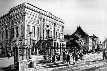 Pesti Magyar Színház, későbbi Nemzeti Színház a Hatvani utcában – háttérben a Zrínyi Kávéház – az 1840-es években. Forrás: Wikipedia
