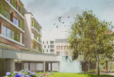 A Semmelweis Egyetem új kutatóközpontjának tervezett épületegyüttese. Az épületek között közösségi tér látványterve. Forrás: Józsefváros Önkormányzata
