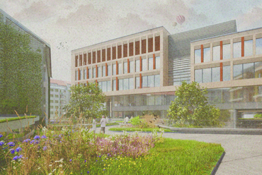 A Semmelweis Egyetem új kutatóközpontjának tervezett épületegyüttese. Az épületek között közösségi tér látványterve. Forrás: Józsefváros Önkormányzata
