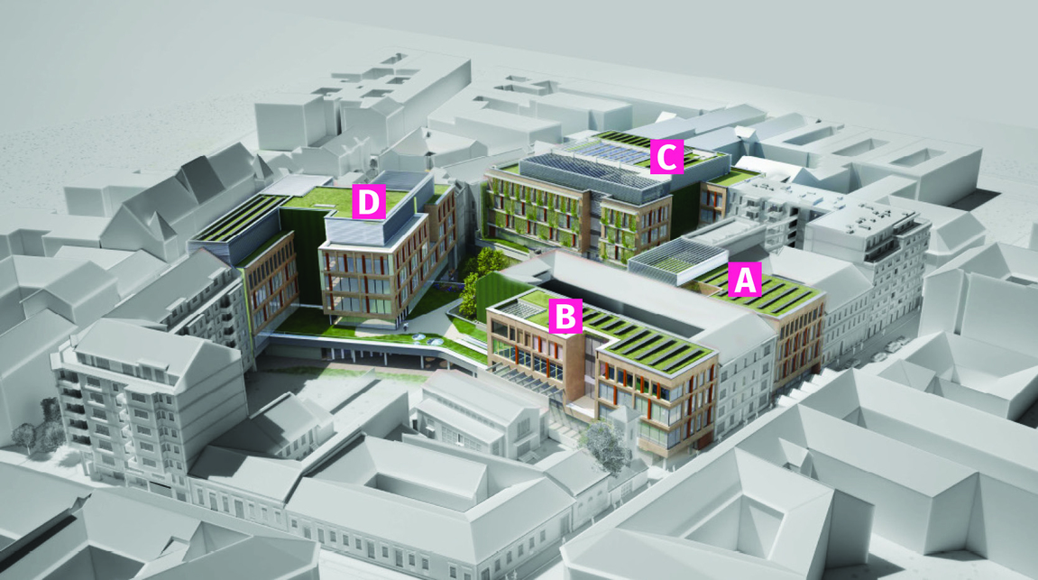 A Semmelweis Egyetem új kutatóközpontjának tervezett épületegyüttese. Forrás: Józsefváros Önkormányzata
