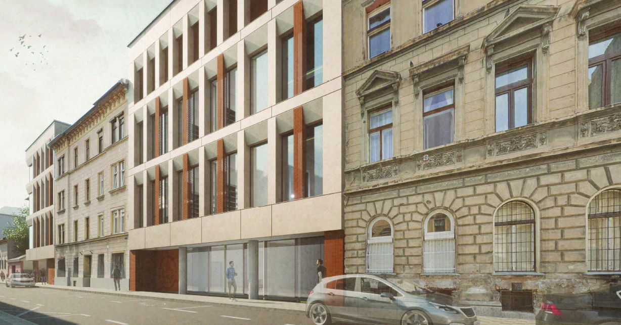 A Semmelweis Egyetem új kutatóközpontjának tervezett épületegyüttese. A Kőris utca 7. látványterve. Forrás: Józsefváros Önkormányzata
