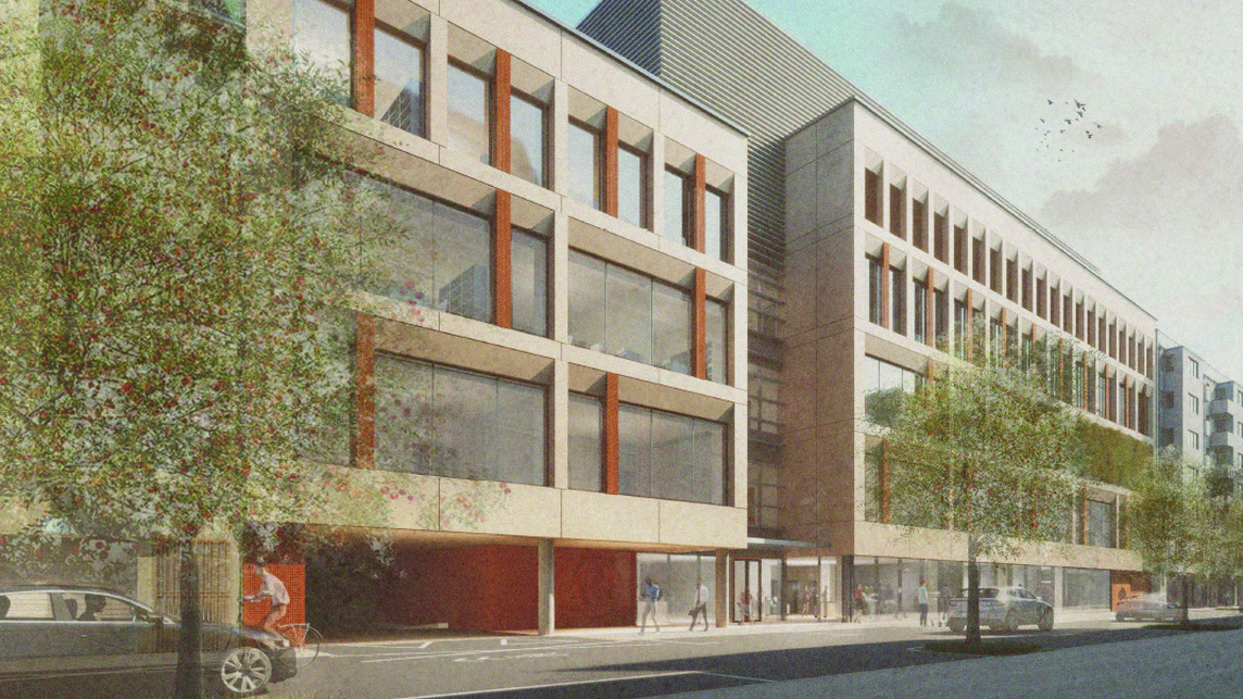 A Semmelweis Egyetem új kutatóközpontjának tervezett épületegyüttese. A Dugonics utca 12/B–14. és 16. látványterve. Forrás: Józsefváros Önkormányzata
