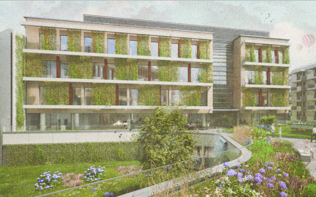 A Semmelweis Egyetem új kutatóközpontjának tervezett épületegyüttese. Az épületek között közösségi tér látványterve. Forrás: Józsefváros Önkormányzata
