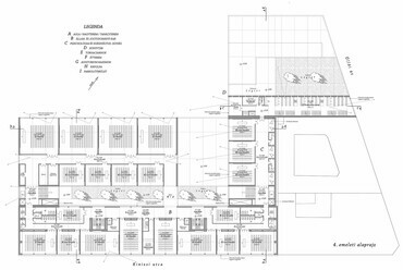 4. emeleti alaprajz.  A Károli Gáspár Református Egyetem új épületegyüttesének terve. Tarnóczky Tamás Attila (Építészkohó Kft.). 2024.
