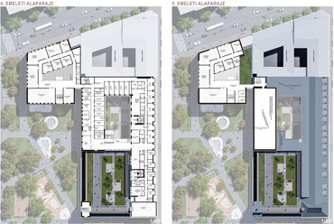 Emeleti alaprajzok. A Károli Gáspár Református Egyetem új épületegyüttese – Az A3 Építész Kft. kiemelt megvételt nyert terve. 2024.

