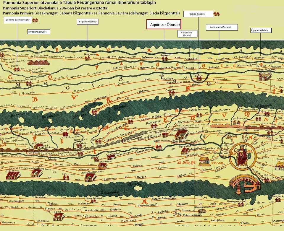 Pannónia provincia római kori települései a Tabula Peutingeriana térképen. Forrás: Wikipédia
