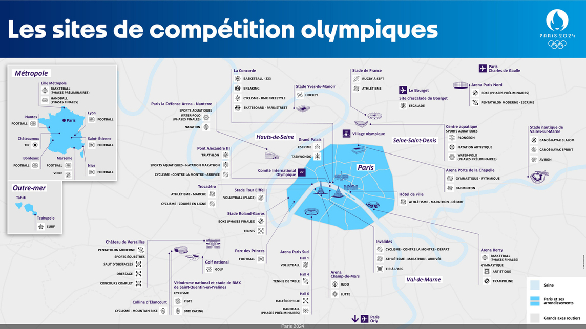 A 2024. évi párizsi nyári olompiai játékok helyszínei. Kép: https://www.sortiraparis.com/ 
