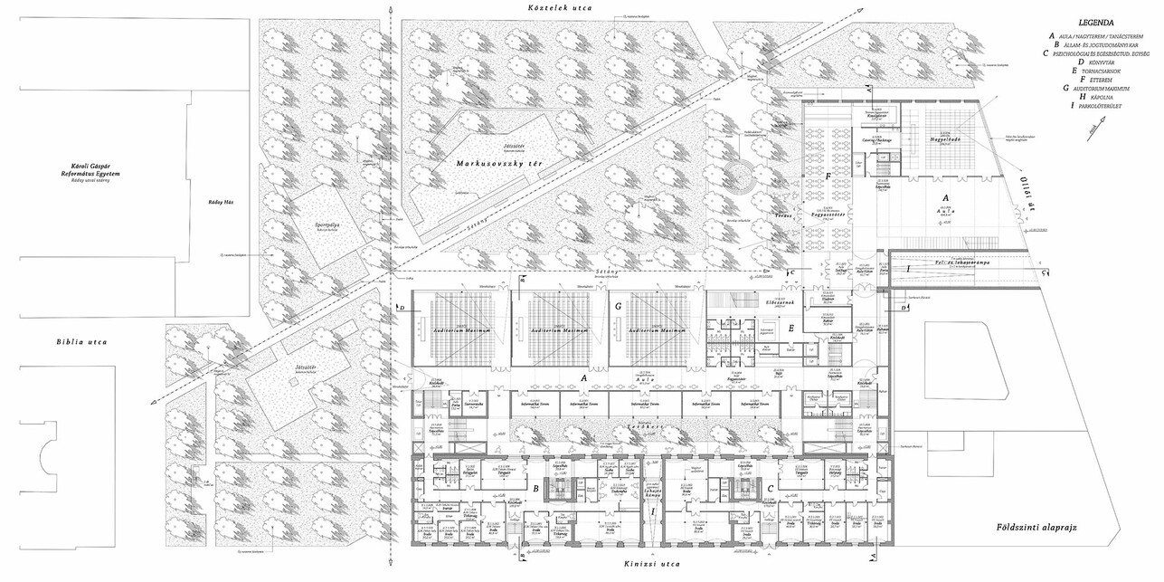 Földszinti alaprajz. A Károli Gáspár Református Egyetem új épületegyüttesének terve. Tarnóczky Tamás Attila (Építészkohó Kft.). 2024.
