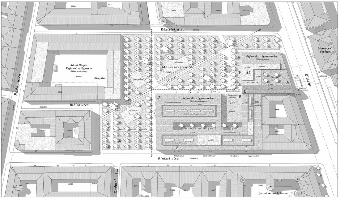 Helyszínrajz. A Károli Gáspár Református Egyetem új épületegyüttesének terve. Tarnóczky Tamás Attila (Építészkohó Kft.). 2024.
