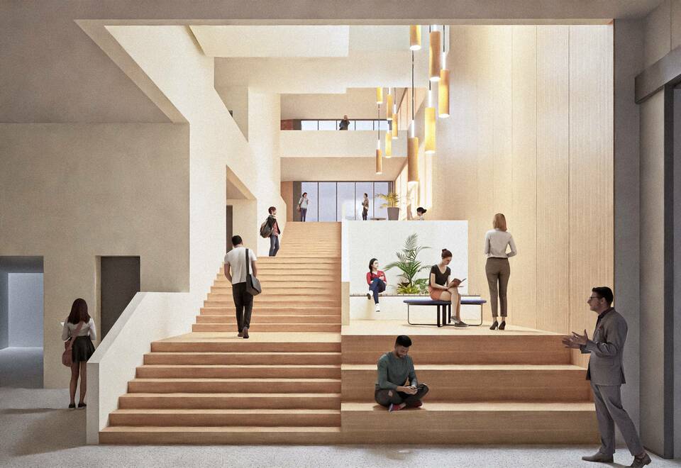 Lépcsőtér látványterve. A Károli Gáspár Református Egyetem új épületegyüttese. A 3Z Építész Stúdió kiemelt megvételt nyert terve. 2024.
