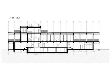 Hosszmetszet. A Misina-tető komplex fejlesztése, Pécs. AU.ROOM Építész Műhely Kft. 2023-24.
