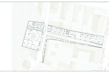 Átnézeti alaprajz, 1. emelet. Ifjúsági és Felnőttképzési központ, Múzeumbővítés, Sepsiszentgyörgy. Popa-Müller Dávid diplomaterve. 2024. 
