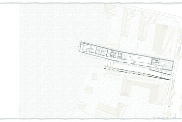 Átnézeti alaprajz, földszint. Ifjúsági és Felnőttképzési központ, Múzeumbővítés, Sepsiszentgyörgy. Popa-Müller Dávid diplomaterve. 2024. 

