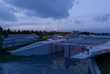 Siófoki nagyműtárgyak rekonstrukciója, üzemviteli épület és új köztér létesítése. Masterplan és építészeti tervezés: Térhálózat. Látványtervek: Homologue, Ölbey Zoltán
