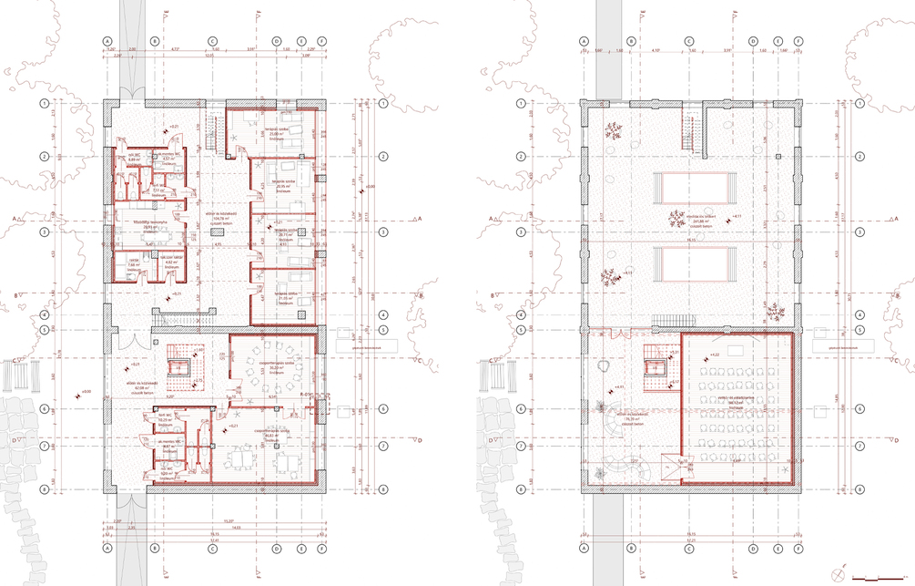 Földszinti és első emeleti alaprajz. Függőségkezelő rehabilitációs központ, Ászár. Móré Judit diplomaterve. 2024. 
