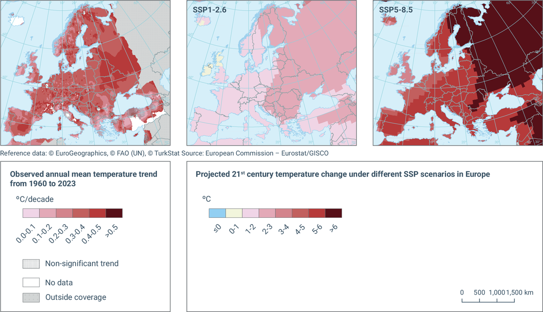 Mért és becsült jövőbeni középhőmérséklet-változási trendek Európában. Forrás: European Environmental Agency
