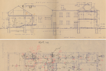 Az 1940-es bővítési tervek az új bejárattal és a bővítés egyik keresztmetszetével, homlokzatával. Alul: alaprajz 

(forrás: MNL CSCSVL)
