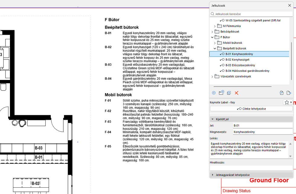 Jelmagyarázat – átlátható formában jeleníti meg a terv összes kulcsait és leírásait. Forrás: Graphisoft
