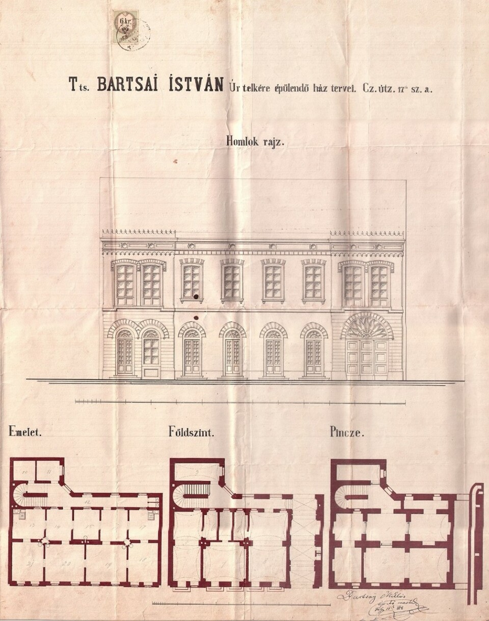 Dósa nádor tér 2. (Czegléd utcai kerület 17.) Barcsay István házának a tervrajza, Barcsay Miklós építőmester, 1858. február 11. Forrás: Magyar Nemzeti Levéltár Hajdú-Bihar Vármegyei Levéltára HU MNL HBVL XV. 12. 400.
