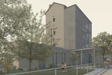 Utca, látvány. Komáromi vízház átalakítása – Kerékpáros hostel. Imre Flóra diplomaterve. 2024.
