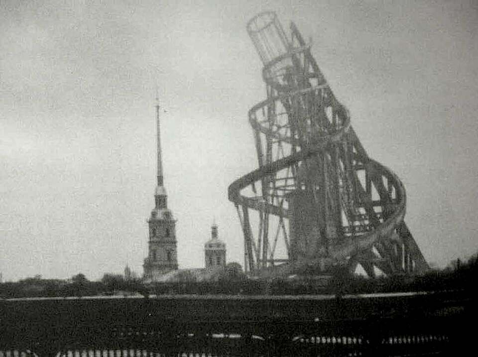 A torony CGI rekonstrukciója a városképben / Képkivágat Takehiko Nagakura 1999-es rövidfilmjéből // The Unbuilt Monuments, A Virtual Architecture Film Series - 1919-1920 Tatlin
