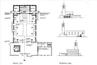 Pestszentlőrinc-Erzsébettelep félbemaradt templomához készített befejezési terv, 1950-es évek. Fotómásolat, Polónyi Károly hagyatéka, MÉM MDK
