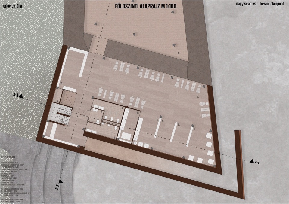 Földszinti alaprajz. Kerámiaközpont, Nagyvárad. Orjovics Júlia diplomaterve. 2024.
