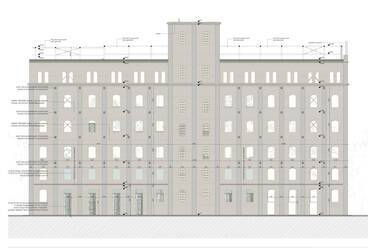 Nyugati homlokzat. A békéscsabai István Malom rehabilitációja. Csupász Szabolcs diplomaterve. 2024.
