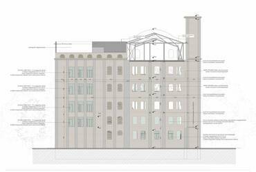 Északi homlokzat. A békéscsabai István Malom rehabilitációja. Csupász Szabolcs diplomaterve. 2024.
