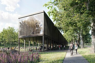 Látványterv. Az Építész Stúdió harmadik díjas terve a Jeseniky Nemzeti Park látogatóközpontjára.
