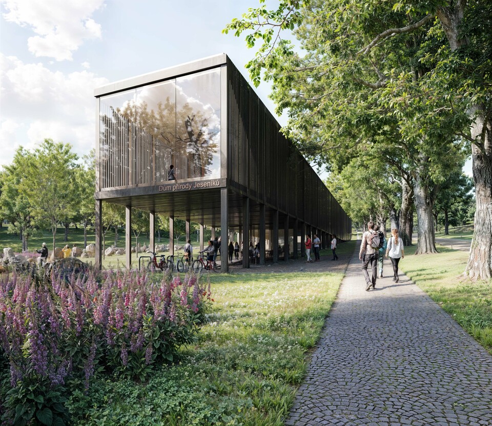 Látványterv. Az Építész Stúdió harmadik díjas terve a Jeseniky Nemzeti Park látogatóközpontjára.